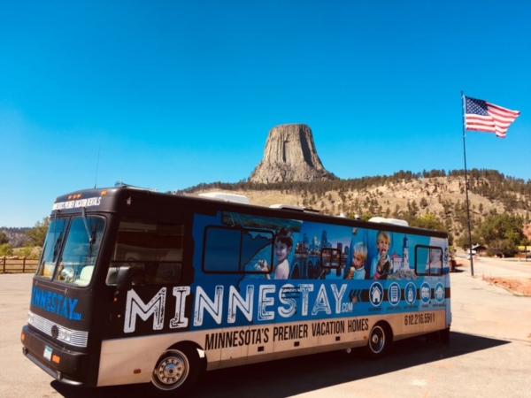 Minnestay RV in front of Devil's Tower.